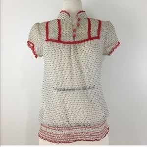 Monteau sheer floral top lace red trim small